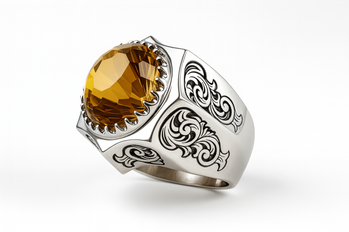 ASHRAAFI Men’s Sterling Silver Ring – Handmade Engraved Band with Natural Citrine Gemstone