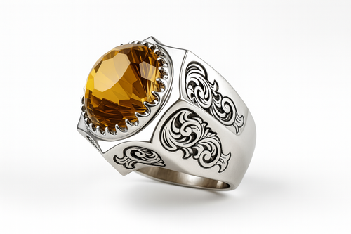 Load image 1 in gallery view. ASHRAAFI Men’s Sterling Silver Ring – Handmade Engraved Band with Natural Citrine Gemstone