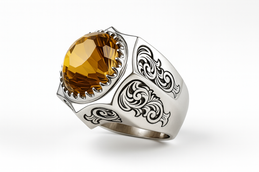 ASHRAAFI Men’s Sterling Silver Ring – Handmade Engraved Band with Natural Citrine Gemstone