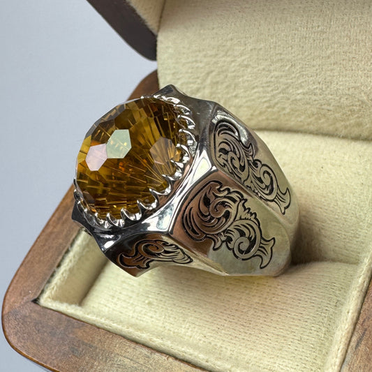 ASHRAAFI Men’s Sterling Silver Ring – Handmade Engraved Band with Natural Citrine Gemstone