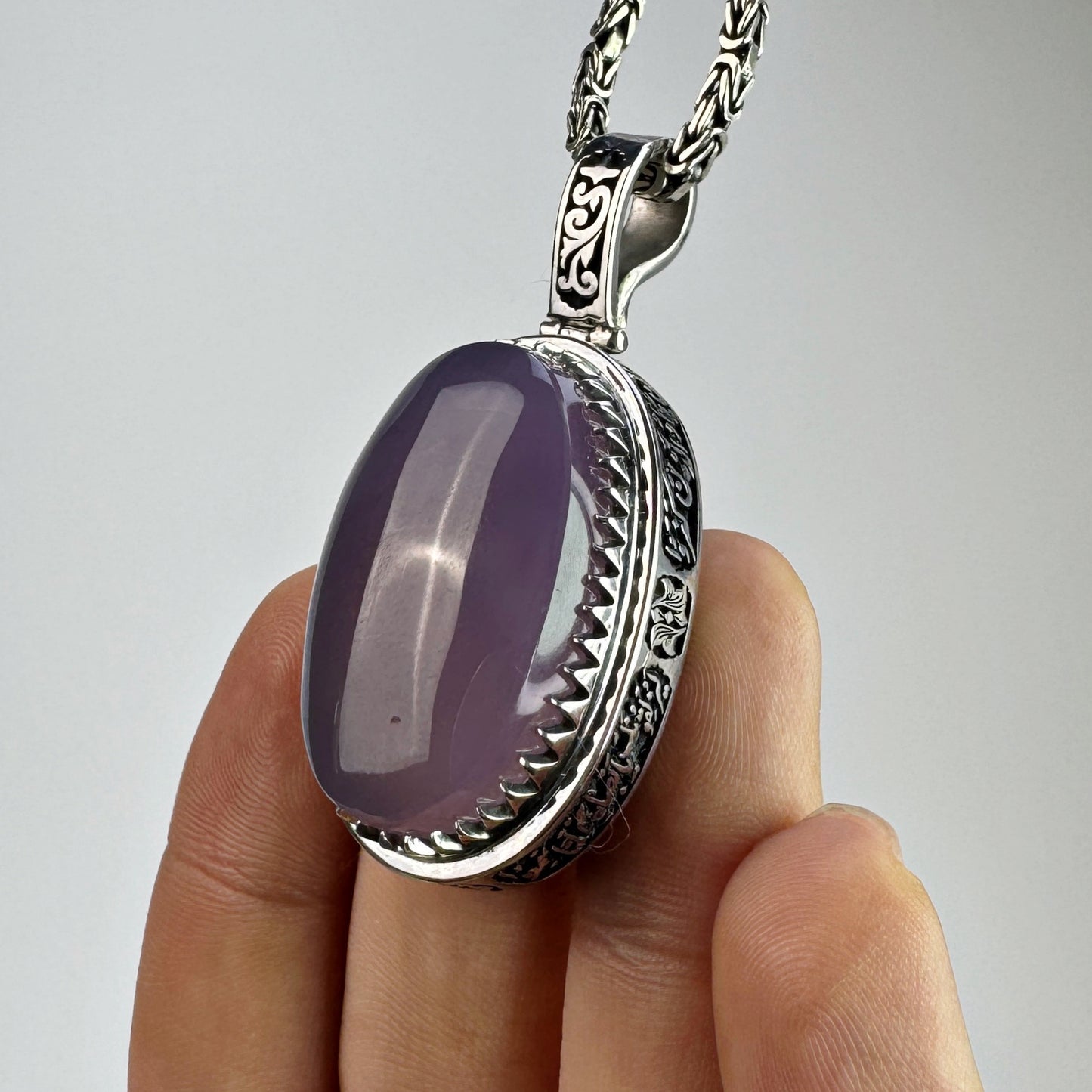 ASHRAAFI Handmade Sterling Silver Pendant – Lavender Chalcedony Gemstone with Engraved Details