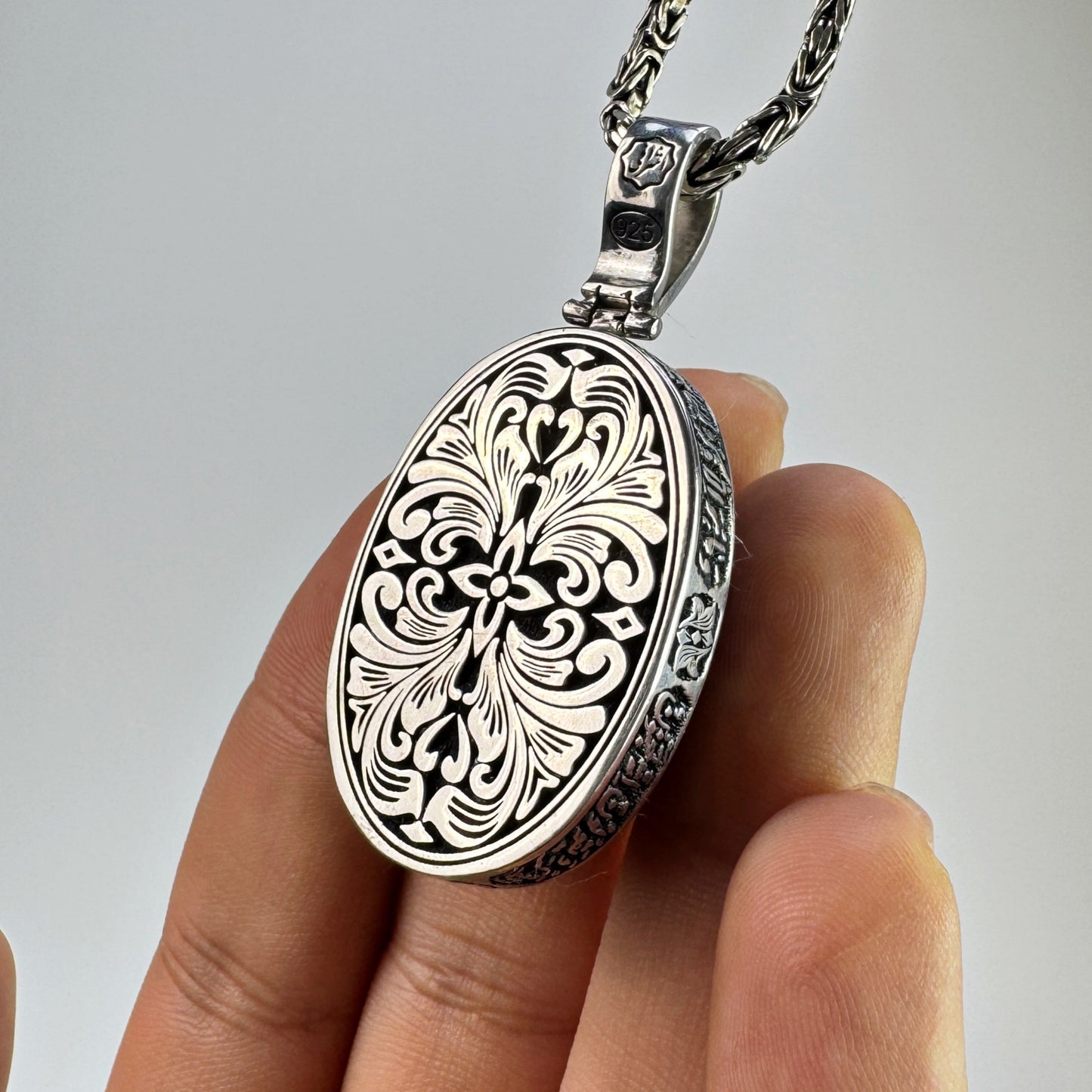 ASHRAAFI Handmade Sterling Silver Pendant – Lavender Chalcedony Gemstone with Engraved Details