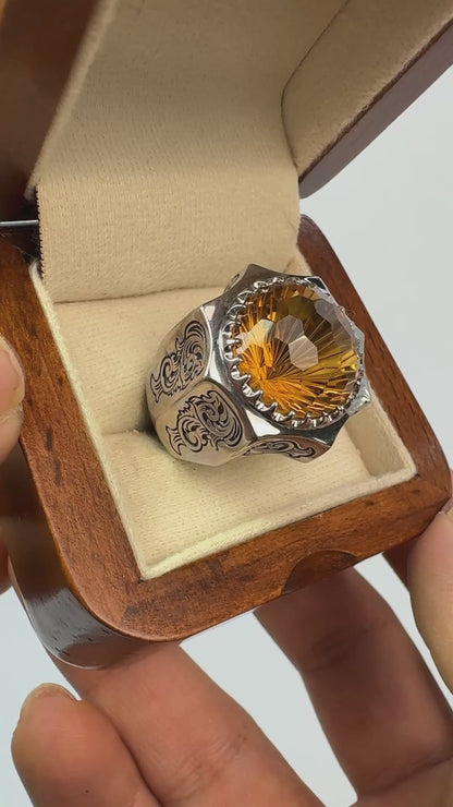 ASHRAAFI Men’s Sterling Silver Ring – Handmade Engraved Band with Natural Citrine Gemstone